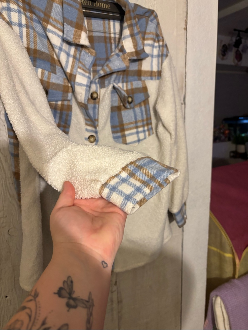SHEIN Cream Sherpa Jacket with Blue & Brown Plaid Trim